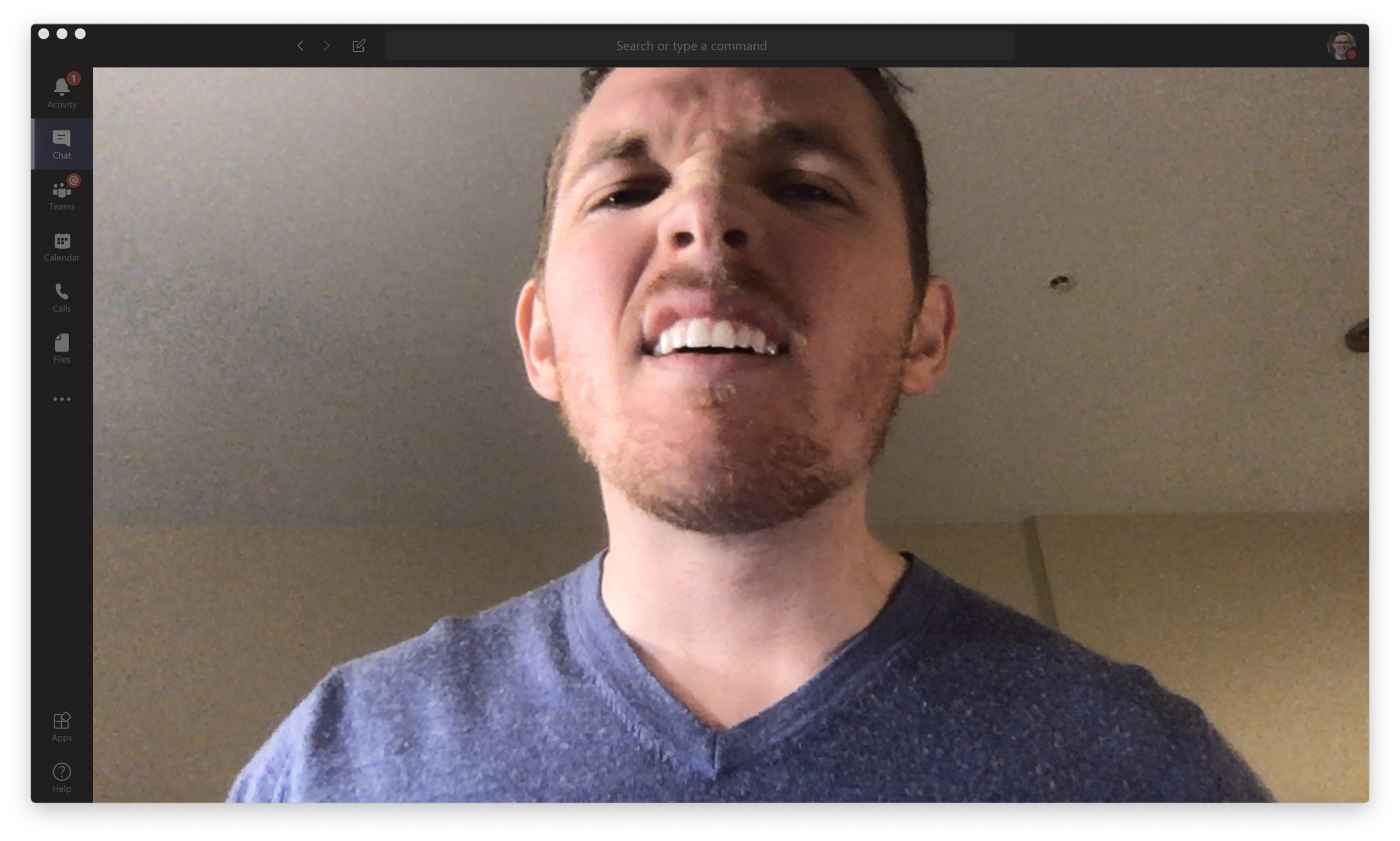 A Caucasian male on a video conferencing call with bad framing