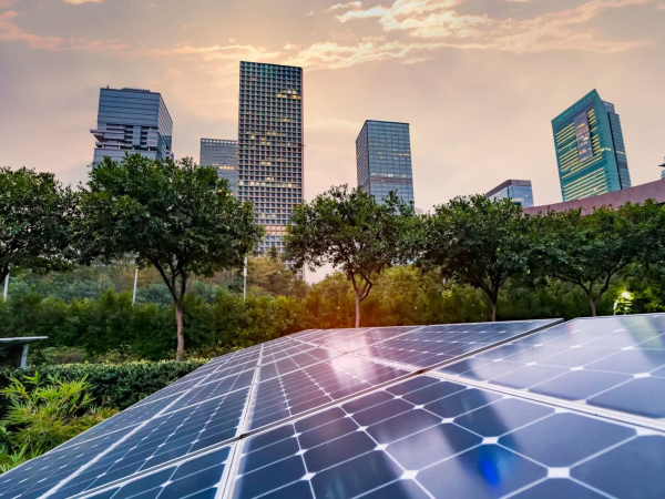 Image of a city skyline with a solar panel