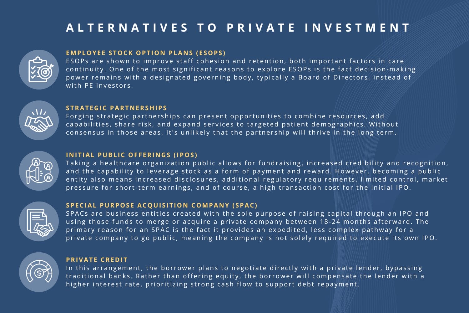 Blue and yellow graphic with a list of alternative strategies to private equity investment in healthcare