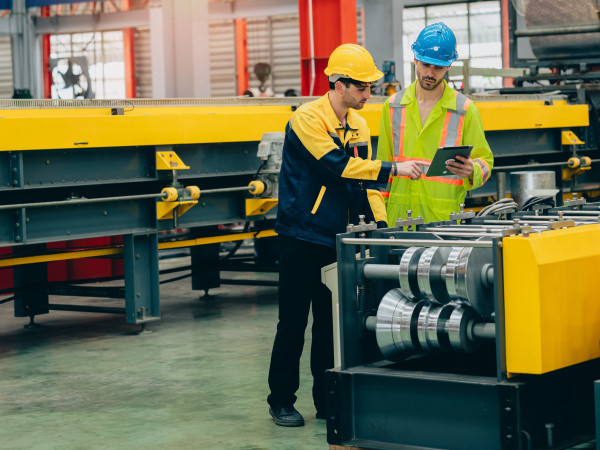 Factory workers inspecting a machine
